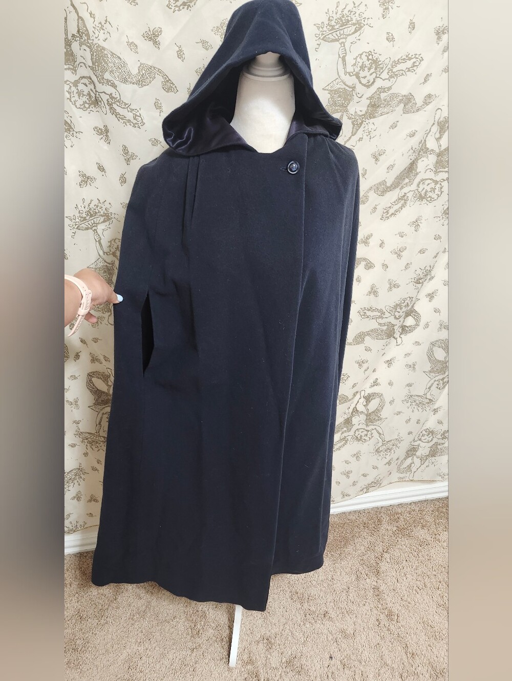 Vintage Whimsigoth Midnight Navy Wool Hooded Cape Cloak Satin Lining M L
